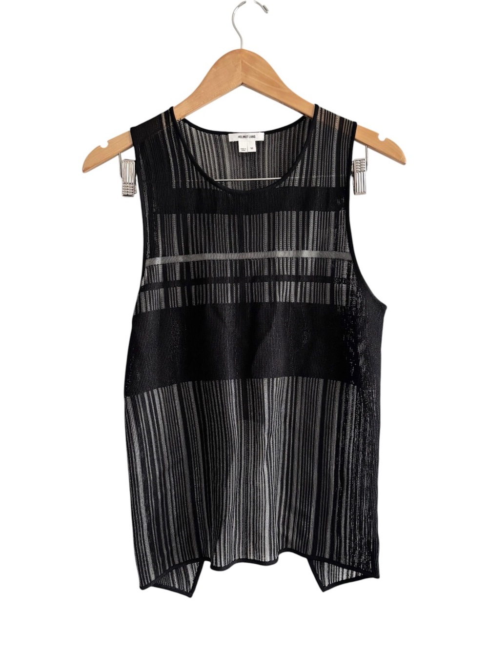 Helmut Lang Sheer Mesh Slinky Knit Striped Sleeveless Scoop Neck Tank